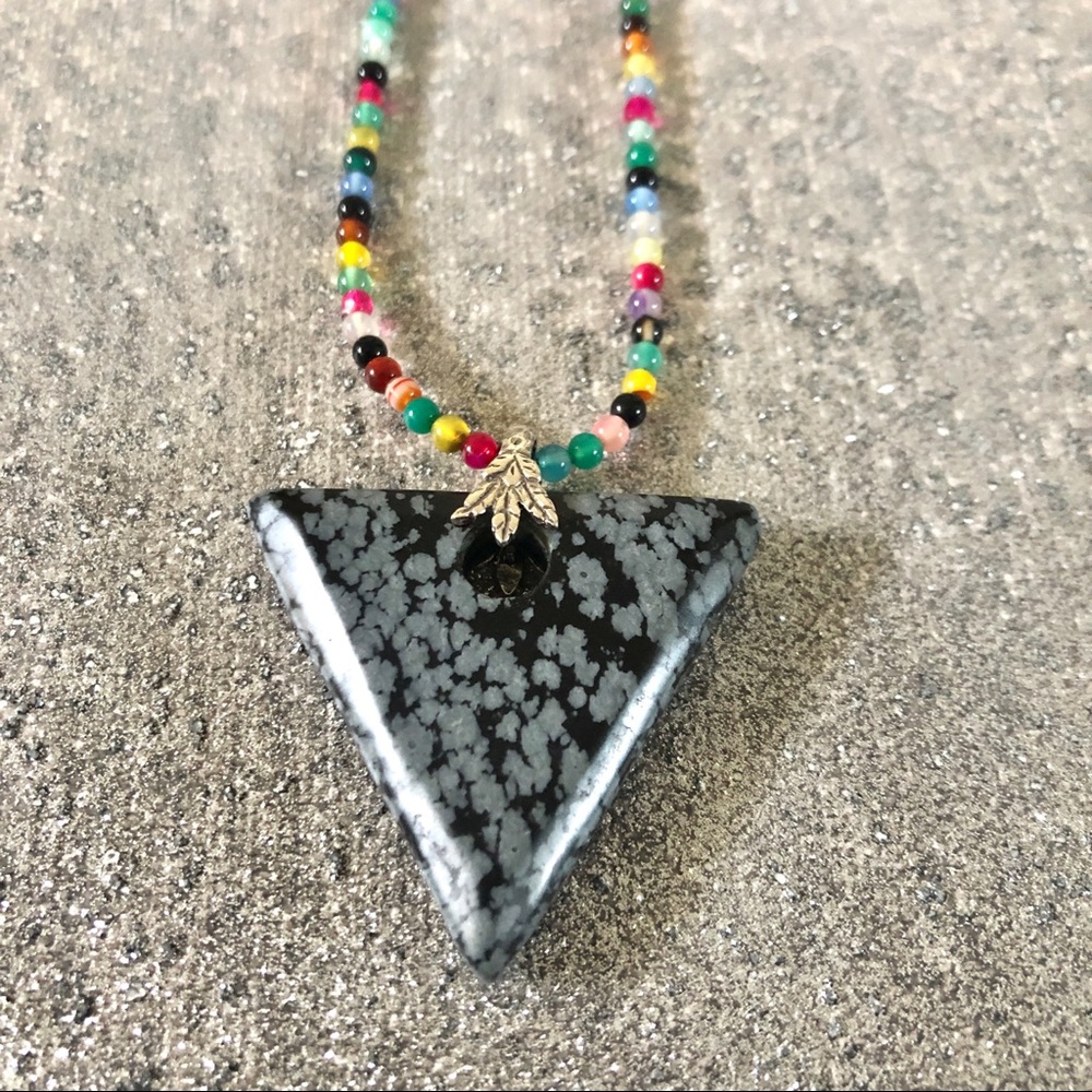Colorful Mixed Stone Handmade Necklace w Snowflake Obsidian Pendant
